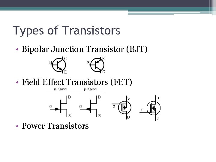 Types of Transistors • Bipolar Junction Transistor (BJT) • Field Effect Transistors (FET) • Types of Transistors • Bipolar Junction Transistor (BJT) • Field Effect Transistors (FET) •