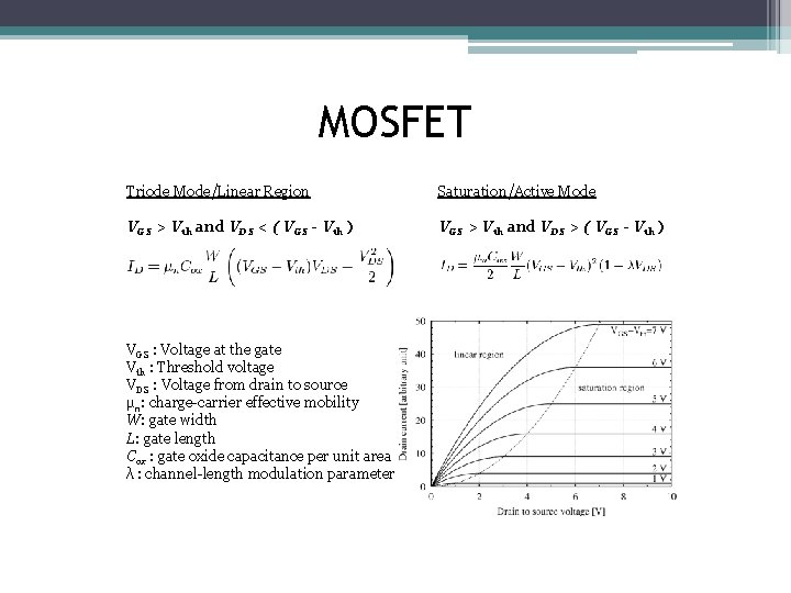 MOSFET Triode Mode/Linear Region VGS > Vth and VDS < ( VGS - Vth MOSFET Triode Mode/Linear Region VGS > Vth and VDS < ( VGS - Vth