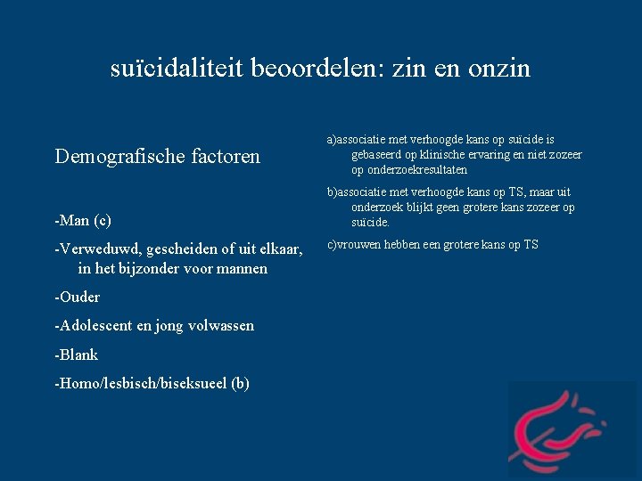 suïcidaliteit beoordelen: zin en onzin Demografische factoren -Man (c) -Verweduwd, gescheiden of uit elkaar,