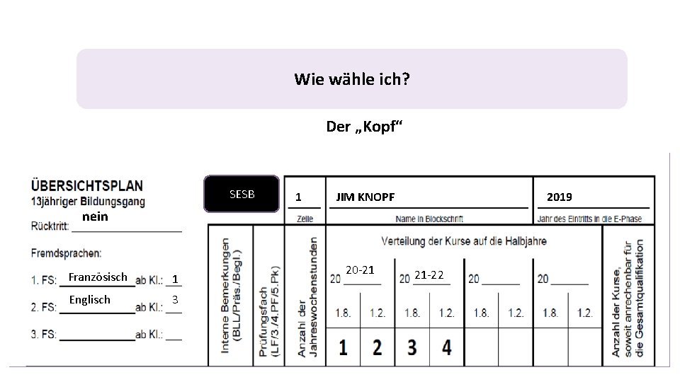 Wie wähle ich? Der „Kopf“ SESB 1 JIM KNOPF 2019 nein Französisch 1 Englisch