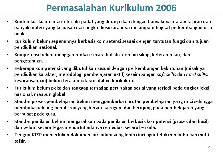 Permasalahan Kurikulum 2006 • • Konten kurikulum masih terlalu padat yang ditunjukkan dengan banyaknya