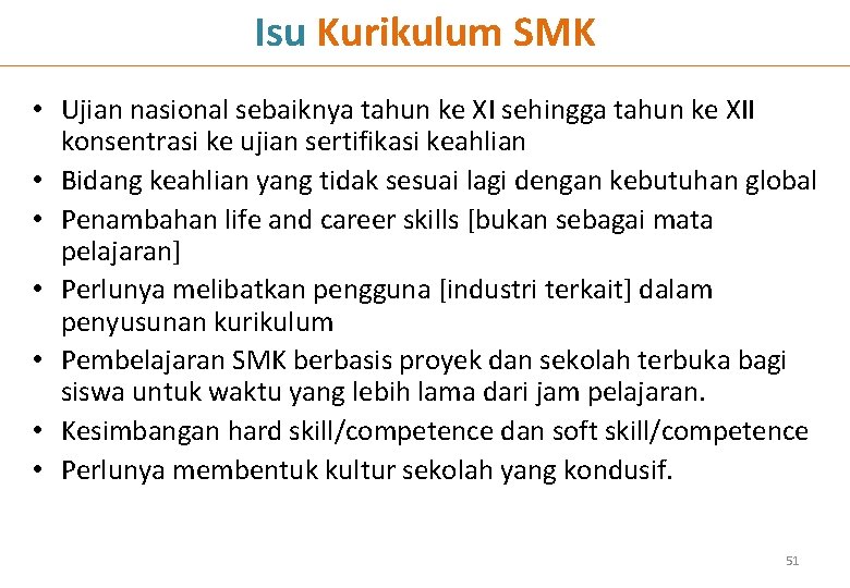 Isu Kurikulum SMK • Ujian nasional sebaiknya tahun ke XI sehingga tahun ke XII Isu Kurikulum SMK • Ujian nasional sebaiknya tahun ke XI sehingga tahun ke XII