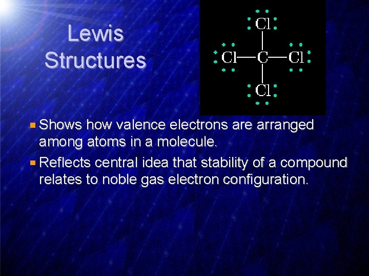 Lewis Structures Shows how valence electrons are arranged among atoms in a molecule. Reflects