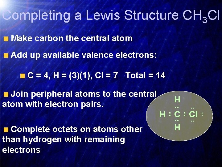 Completing a Lewis Structure CH 3 Cl Make carbon the central atom Add up
