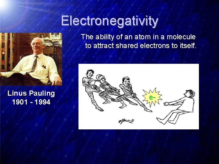 Electronegativity The ability of an atom in a molecule to attract shared electrons to