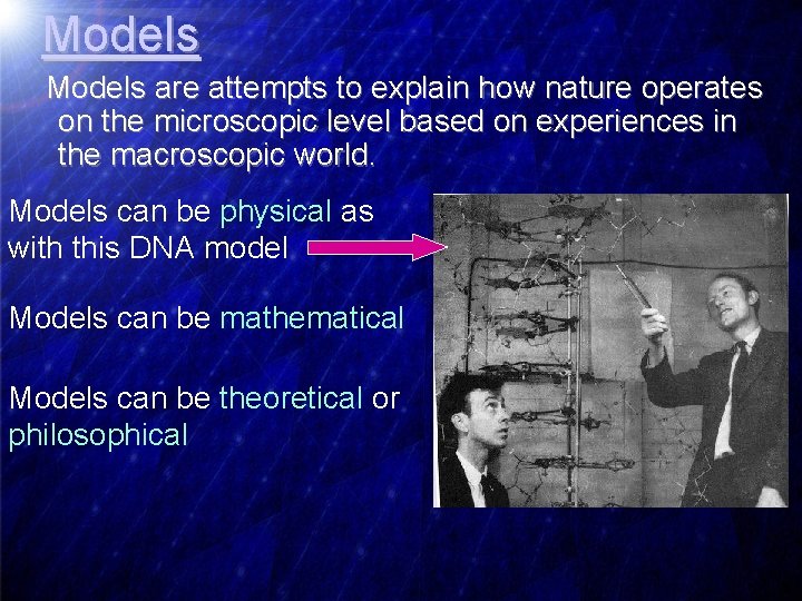Models are attempts to explain how nature operates on the microscopic level based on
