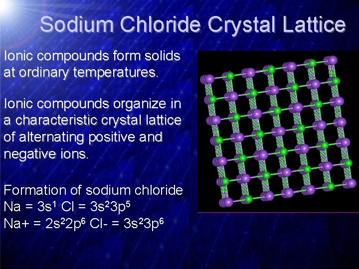 Sodium Chloride Crystal Lattice Ionic compounds form solids at ordinary temperatures. Ionic compounds organize