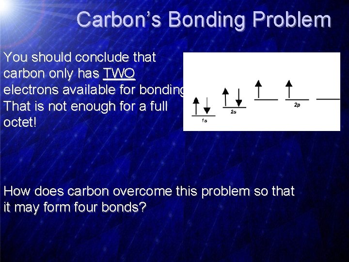 Carbon’s Bonding Problem You should conclude that carbon only has TWO electrons available for