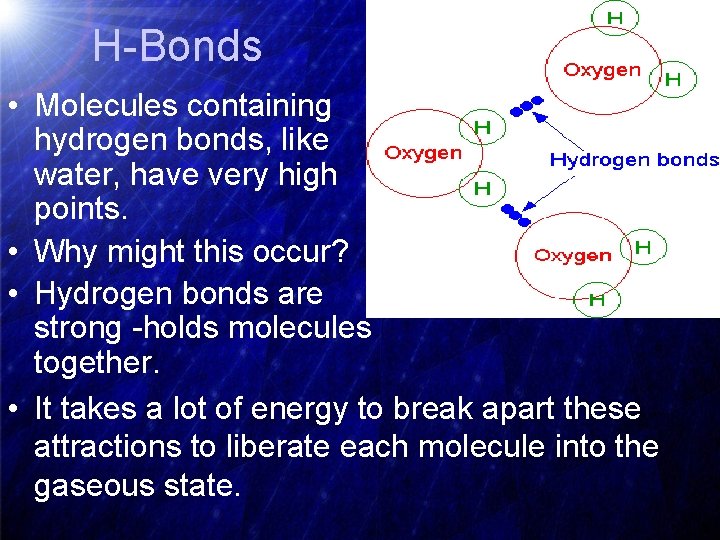 H-Bonds • Molecules containing hydrogen bonds, like water, have very high points. • Why