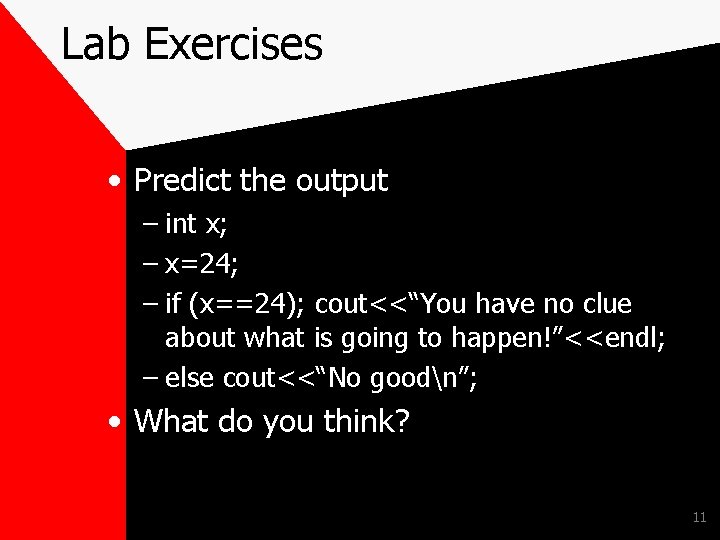 Lab Exercises • Predict the output – int x; – x=24; – if (x==24);