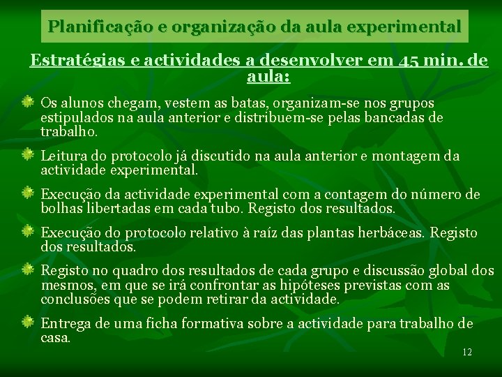 Planificação e organização da aula experimental Estratégias e actividades a desenvolver em 45 min.