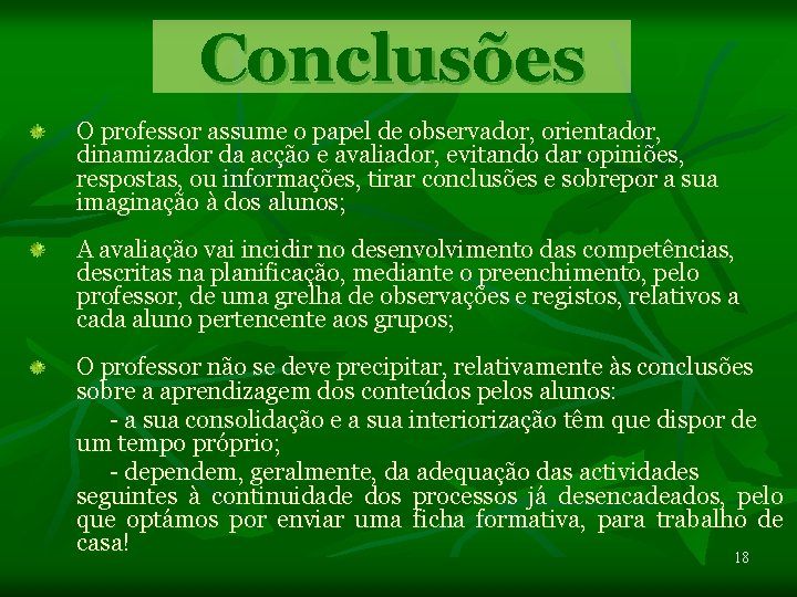 Conclusões O professor assume o papel de observador, orientador, dinamizador da acção e avaliador,