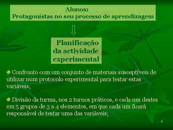 Alunos: Protagonistas no seu processo de aprendizagem Planificação da actividade experimental Confronto com um