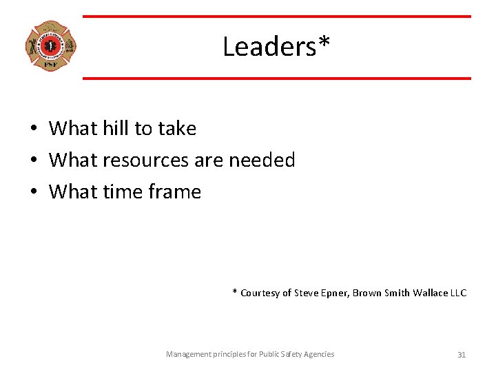 Leaders* • What hill to take • What resources are needed • What time
