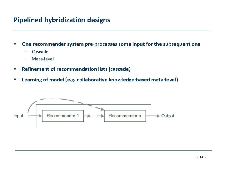 Pipelined hybridization designs § One recommender system pre-processes some input for the subsequent one