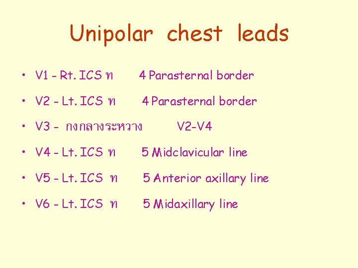 Unipolar chest leads • V 1 - Rt. ICS ท ท 4 Parasternal border