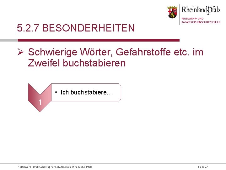 5. 2. 7 BESONDERHEITEN Ø Schwierige Wörter, Gefahrstoffe etc. im Zweifel buchstabieren • Ich