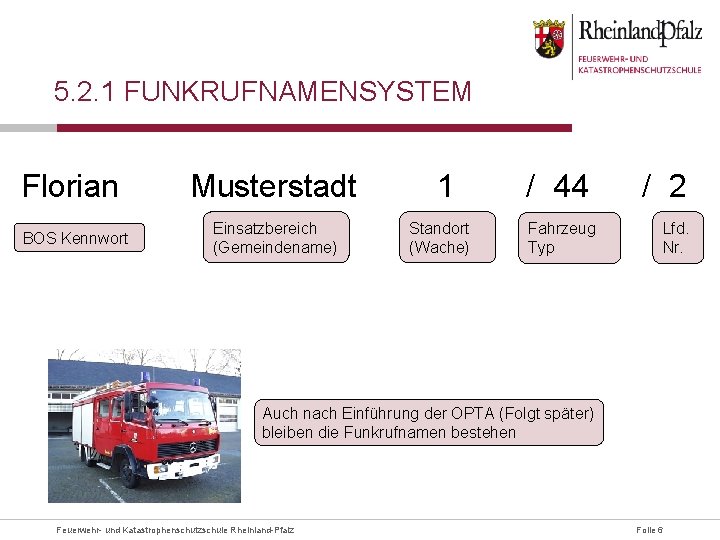 5. 2. 1 FUNKRUFNAMENSYSTEM Florian BOS Kennwort Musterstadt Einsatzbereich (Gemeindename) 1 Standort (Wache) /