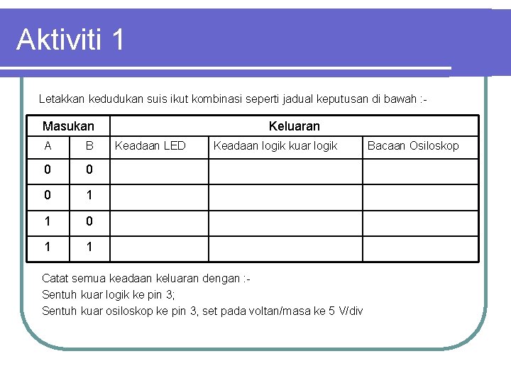 Aktiviti 1 Letakkan kedudukan suis ikut kombinasi seperti jadual keputusan di bawah : -