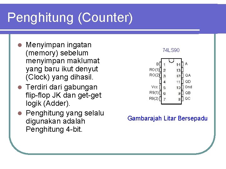 Penghitung (Counter) Menyimpan ingatan (memory) sebelum menyimpan maklumat yang baru ikut denyut (Clock) yang