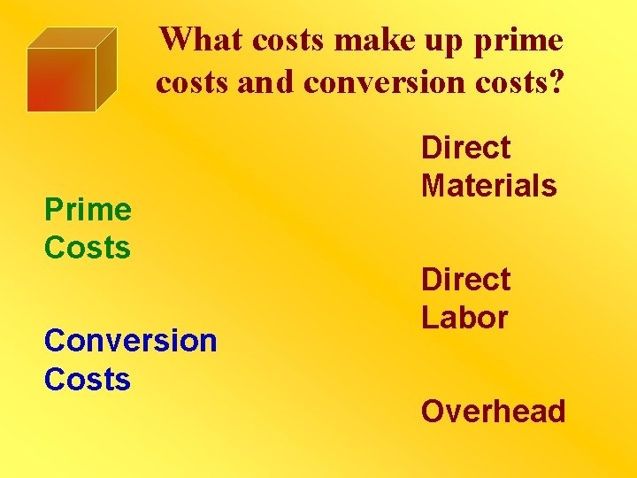 What costs make up prime costs and conversion costs? Prime Costs Conversion Costs Direct