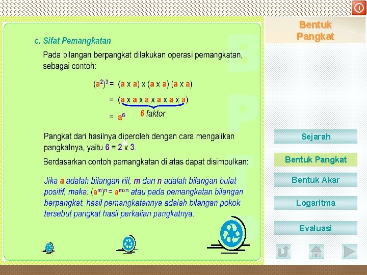 DEPARTEMEN PENDIDIKAN NASIONAL Bentuk Pangkat Sejarah Bentuk Pangkat Bentuk Akar Logaritma Evaluasi 