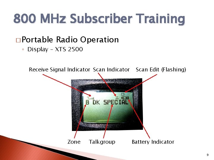 800 MHz Subscriber Training � Portable Radio Operation ◦ Display – XTS 2500 Receive
