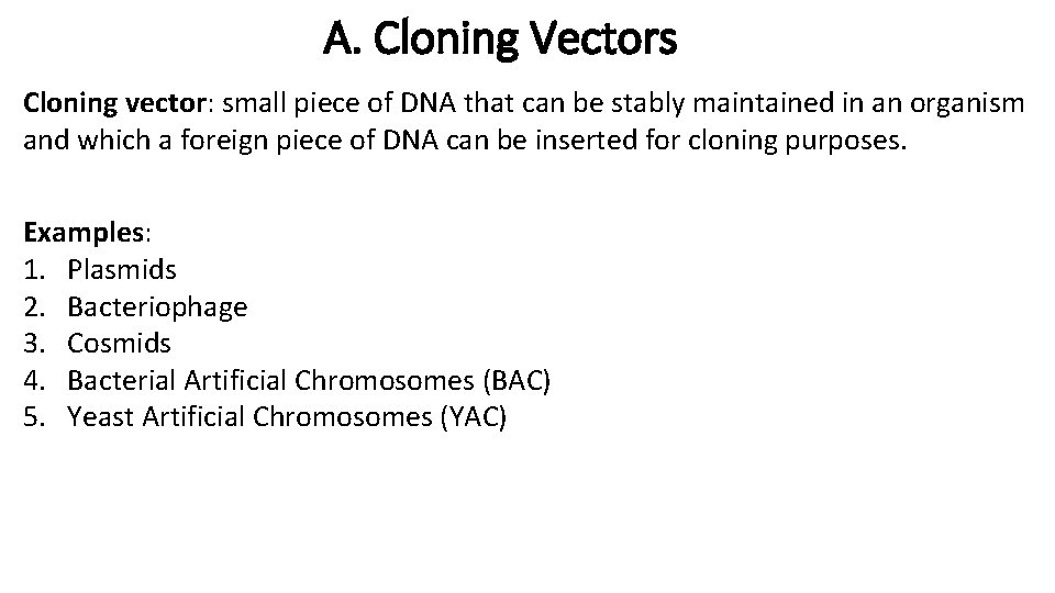 A. Cloning Vectors Cloning vector: small piece of DNA that can be stably maintained