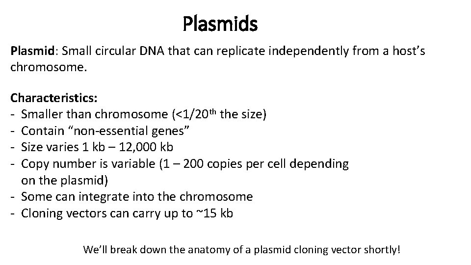 Plasmids Plasmid: Small circular DNA that can replicate independently from a host’s chromosome. Characteristics: