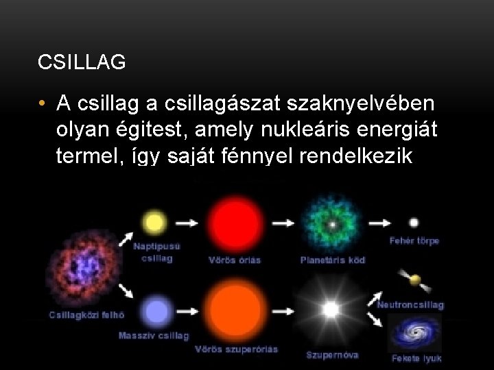 CSILLAG • A csillag a csillagászat szaknyelvében olyan égitest, amely nukleáris energiát termel, így