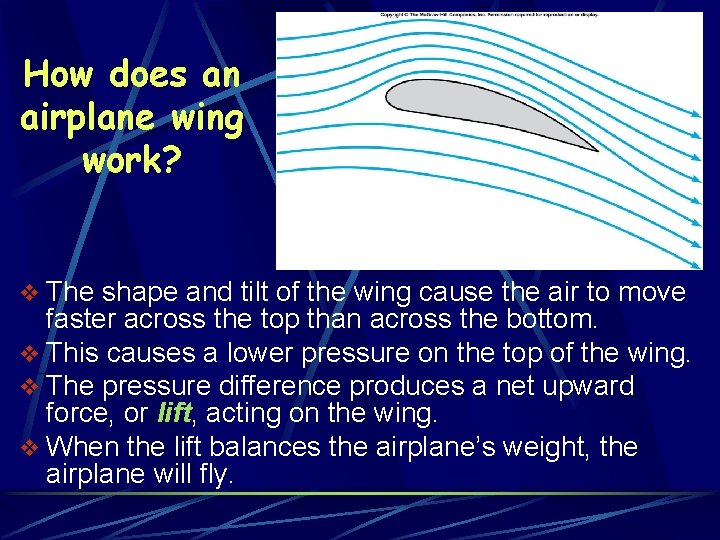 How does an airplane wing work? v The shape and tilt of the wing