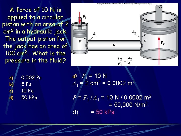 A force of 10 N is applied to a circular piston with an area