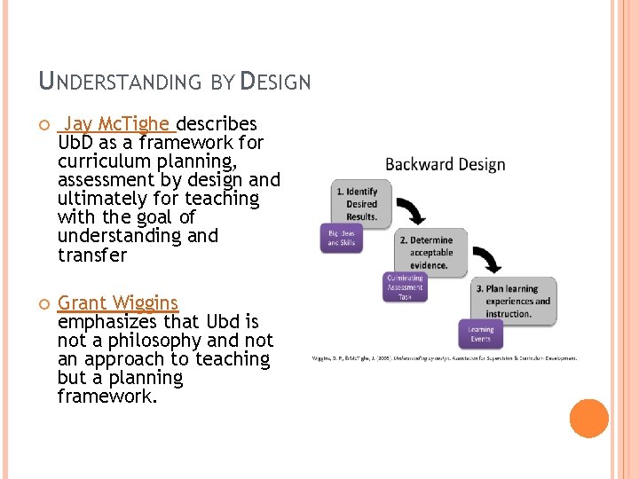 UNDERSTANDING BY DESIGN Jay Mc. Tighe describes Ub. D as a framework for curriculum