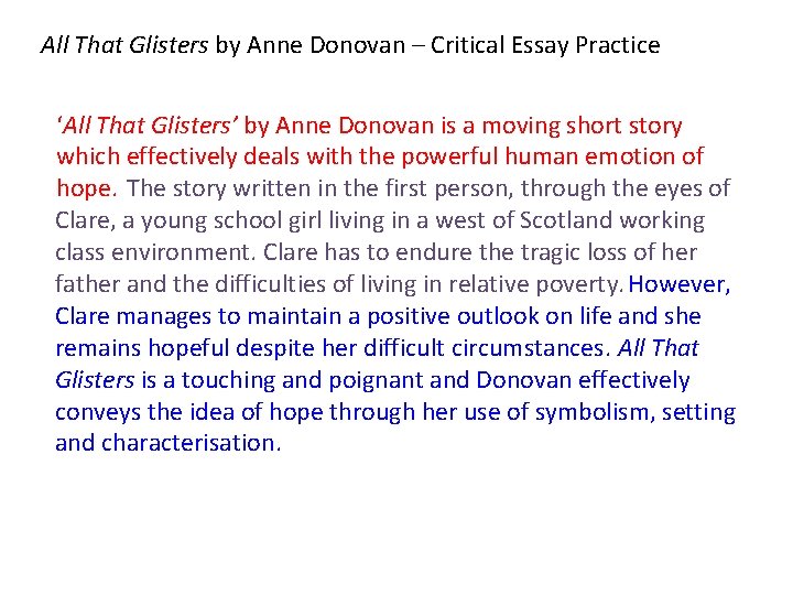 All That Glisters by Anne Donovan – Critical Essay Practice ‘All That Glisters’ by