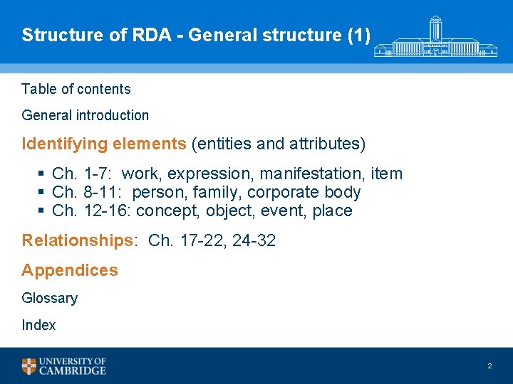 Structure of RDA - General structure (1) Table of contents General introduction Identifying elements