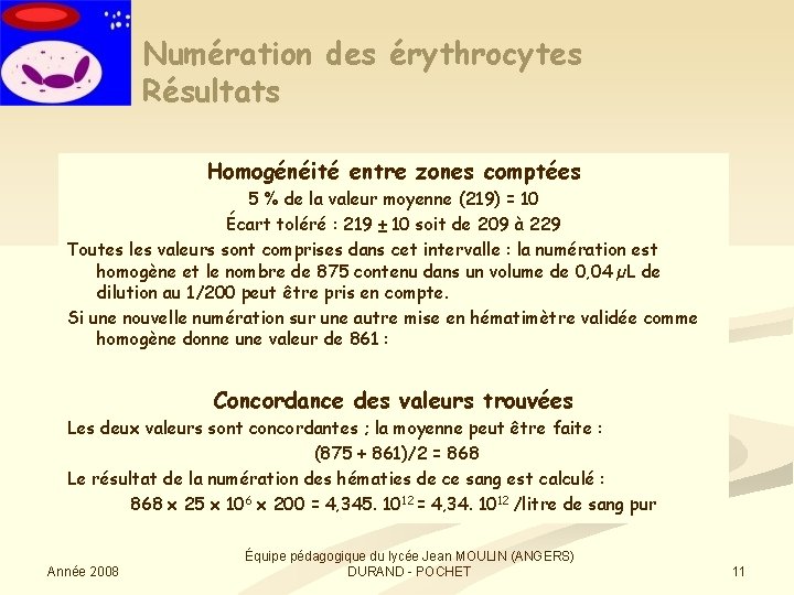 Numération des érythrocytes Résultats Homogénéité entre zones comptées 5 % de la valeur moyenne