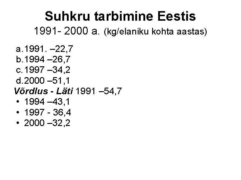 Suhkru tarbimine Eestis 1991 - 2000 a. (kg/elaniku kohta aastas) a. 1991. – 22,