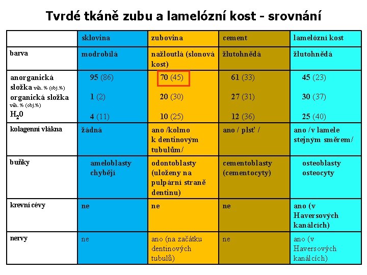 Tvrdé tkáně zubu a lamelózní kost - srovnání barva sklovina zubovina modrobílá nažloutlá (slonová