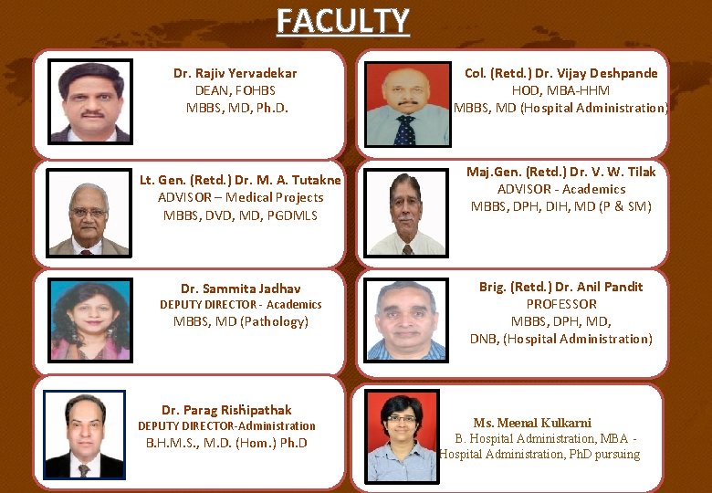 FACULTY Dr. Rajiv Yervadekar DEAN, FOHBS MBBS, MD, Ph. D. Lt. Gen. (Retd. ) FACULTY Dr. Rajiv Yervadekar DEAN, FOHBS MBBS, MD, Ph. D. Lt. Gen. (Retd. )