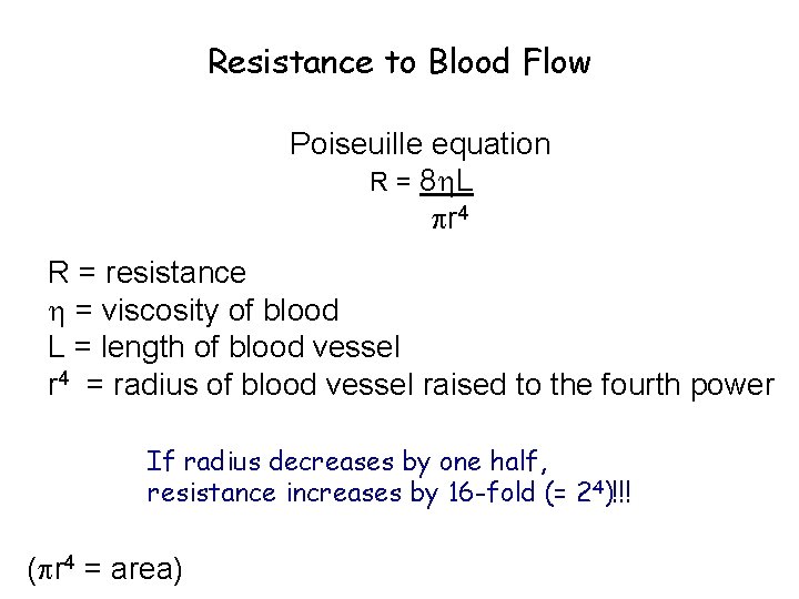 Resistance to Blood Flow Poiseuille equation R = 8 L r 4 R =