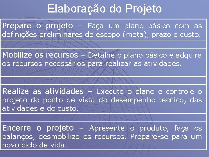 Elaboração do Projeto Prepare o projeto – Faça um plano básico com as definições