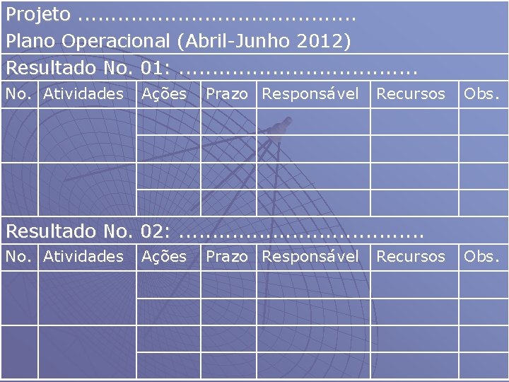 Projeto. . . . . Plano Operacional (Abril-Junho 2012) Resultado No. 01: . .