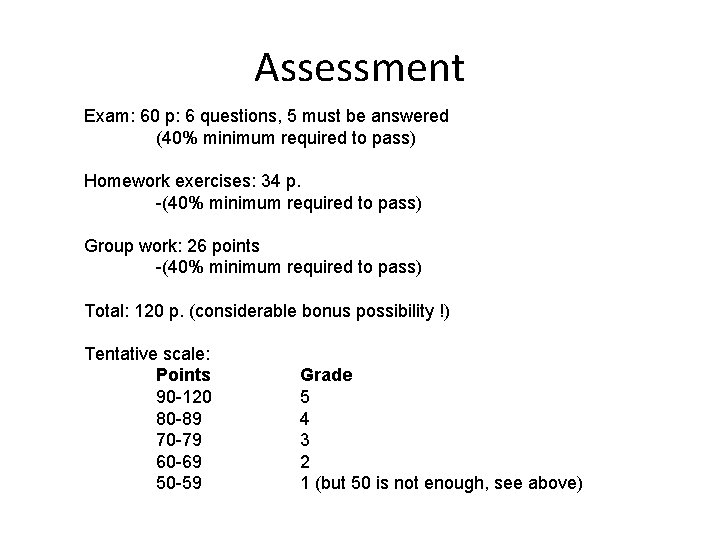 Assessment Exam: 60 p: 6 questions, 5 must be answered (40% minimum required to