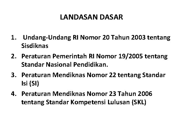 LANDASAN DASAR 1. Undang-Undang RI Nomor 20 Tahun 2003 tentang Sisdiknas 2. Peraturan Pemerintah