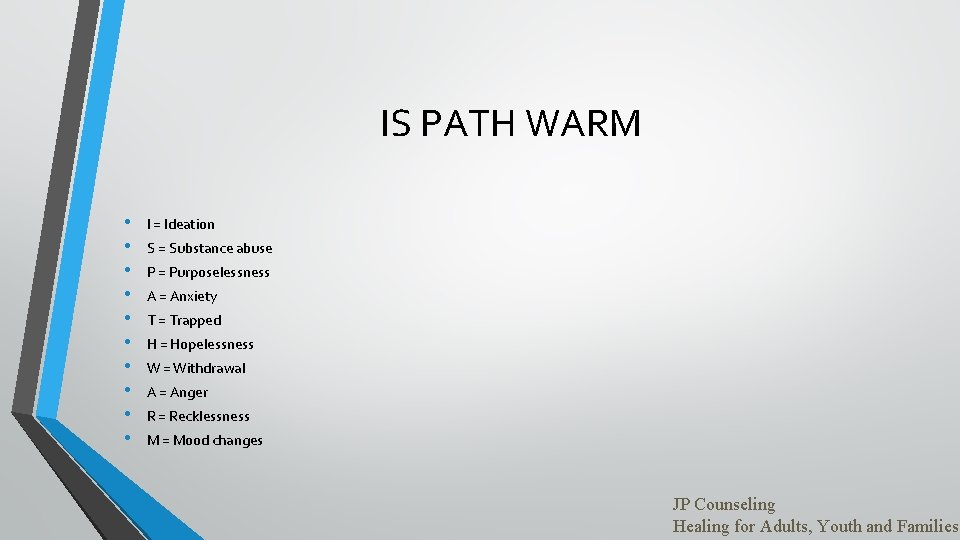 IS PATH WARM • • • I = Ideation S = Substance abuse P