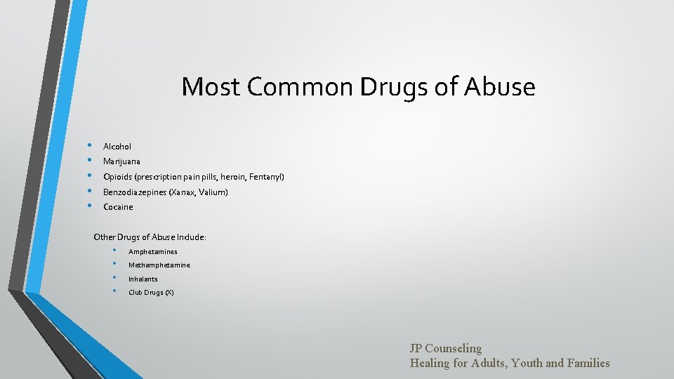 Most Common Drugs of Abuse • • • Alcohol Marijuana Opioids (prescription pain pills,