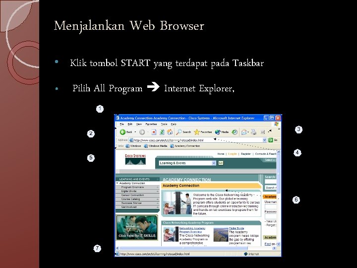 Menjalankan Web Browser • Klik tombol START yang terdapat pada Taskbar • Pilih All