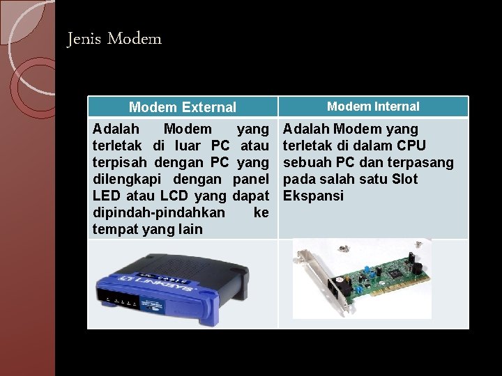 Jenis Modem External Modem Internal Adalah Modem yang terletak di luar PC atau terpisah