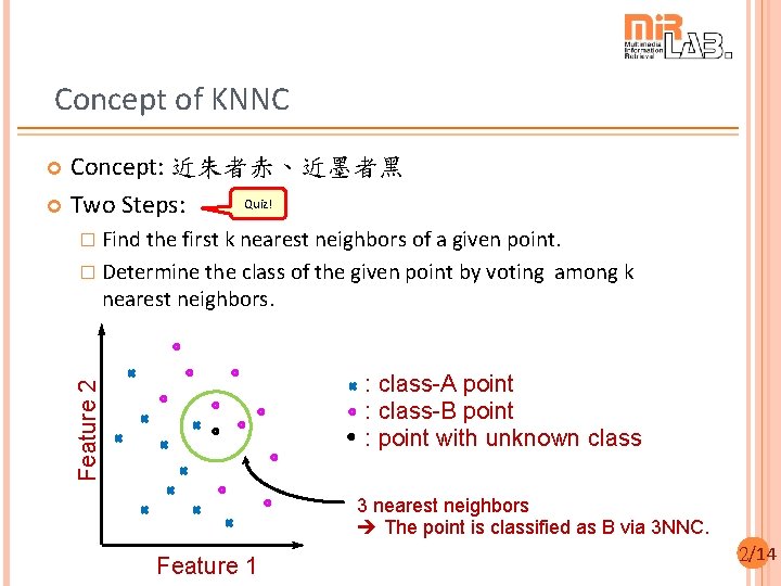 Concept of KNNC Concept: 近朱者赤、近墨者黑 Quiz! Two Steps: � Find the first k nearest