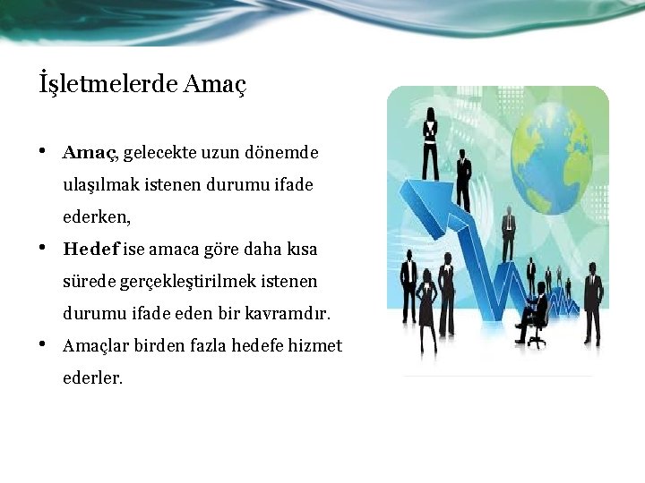 İşletmelerde Amaç • Amaç, gelecekte uzun dönemde ulaşılmak istenen durumu ifade ederken, • Hedef